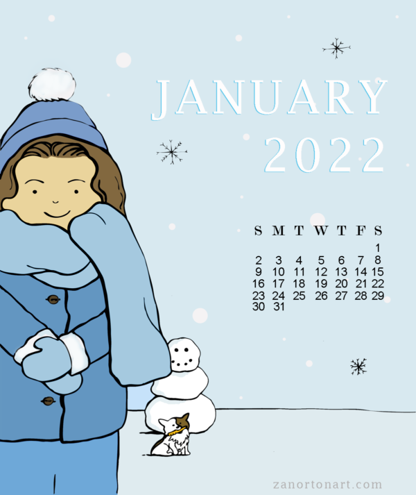 Dee's World Calendar for January 2022 by ZanOrtonArt